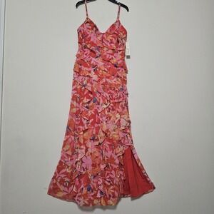 Eliza J Womens Dress Size 4 Red Pink Multicolor Ruffles Sleeveless Slit Long 344